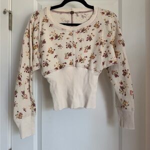 Free People Cream Floral Cropped Sweater